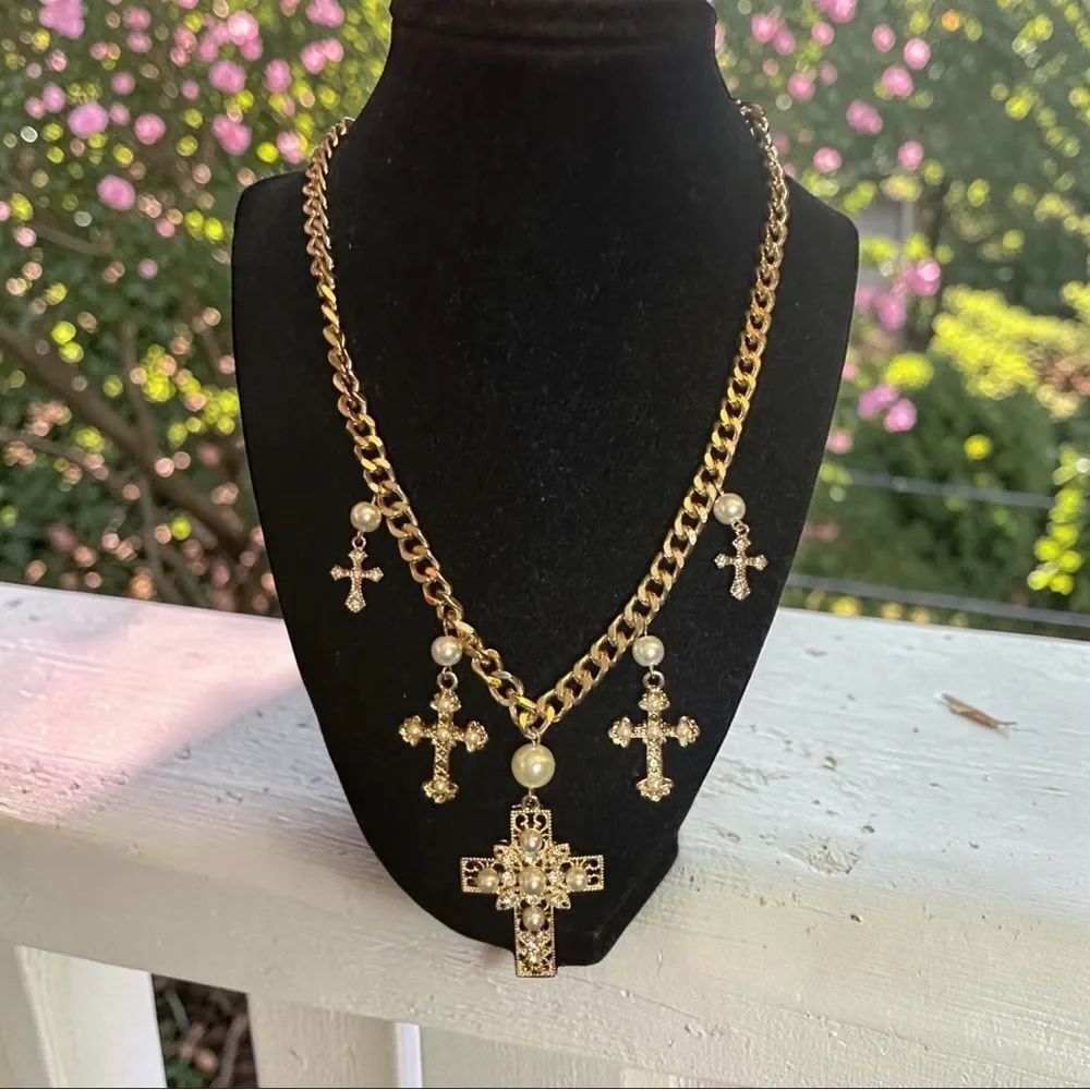 Charms and Pendant Gold Tone Cross Necklace